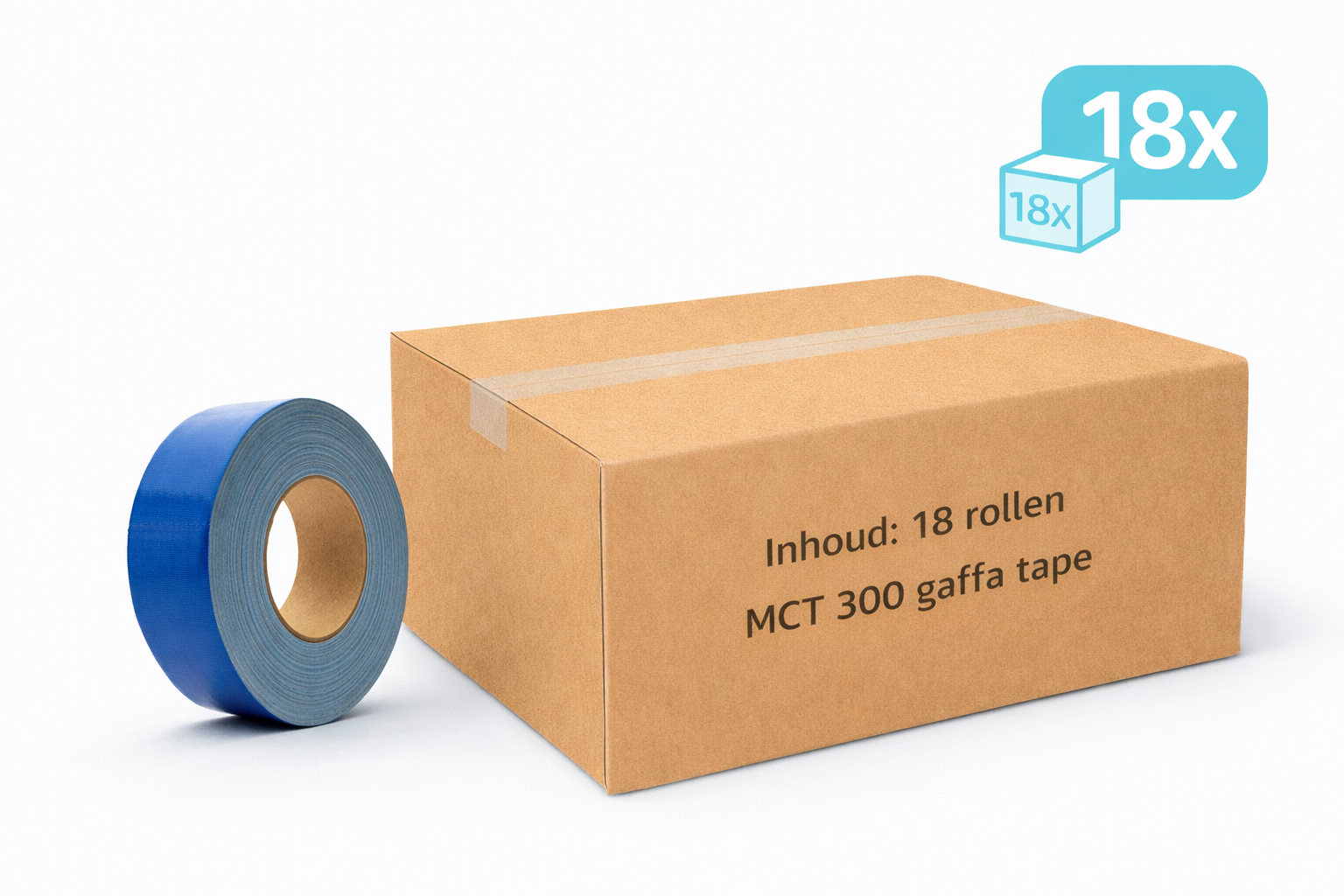 doos met 18x MegaTape MCT 300 Gaffa tape 50 mm blauw rol 50m voor events, theater en beurzen