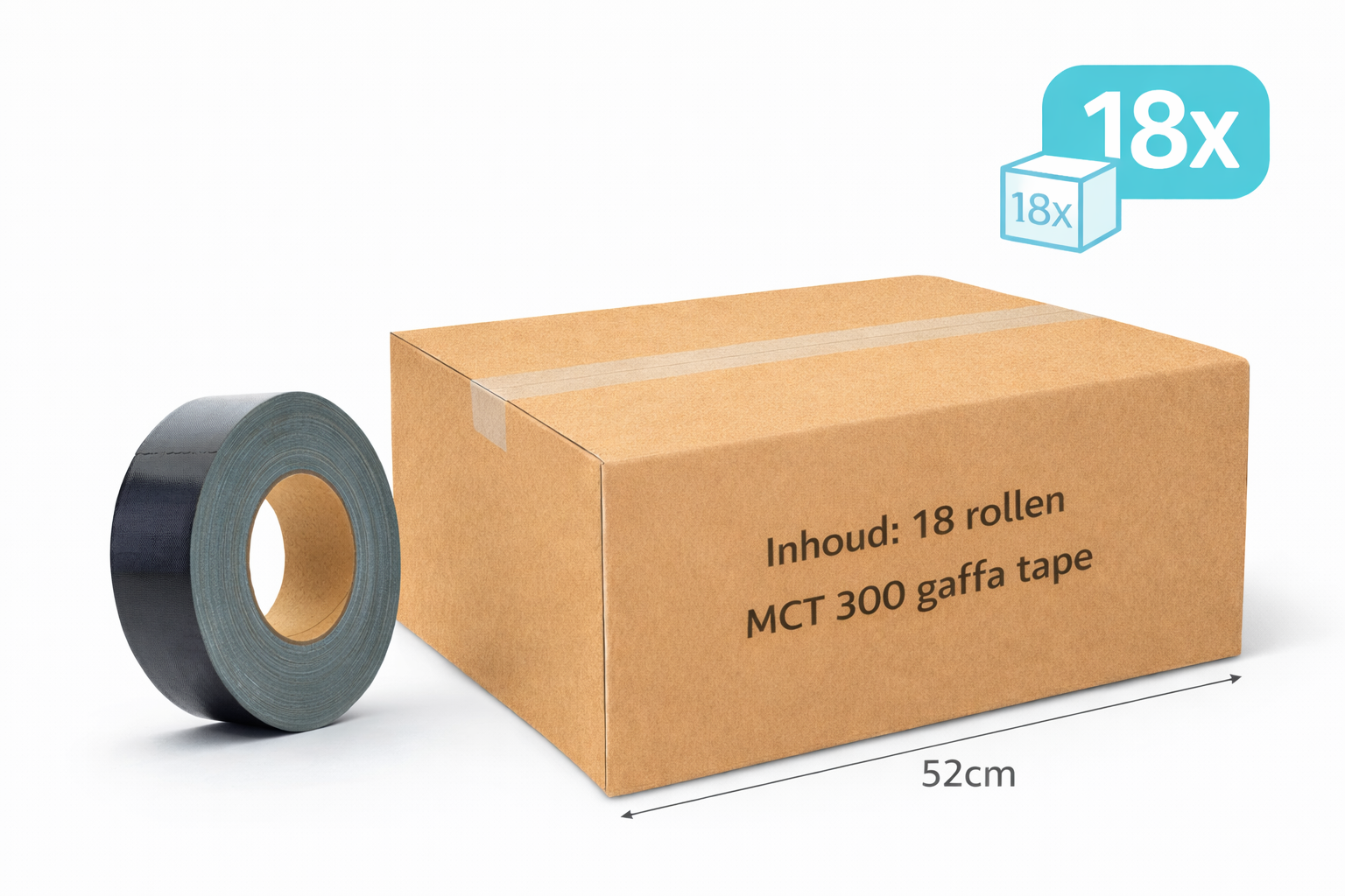 doos met 18x MegaTape MCT 300 Gaffa tape 50 mm zwart rol 50m voor events, theater en beurzen