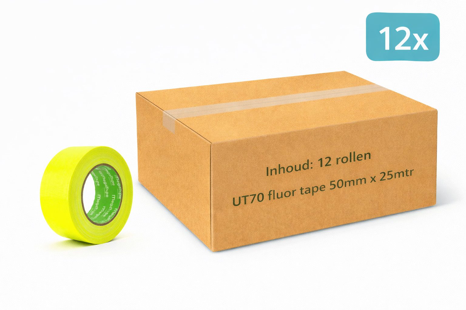 doos met 12x MegaTape UT70 fluor gaffa tape 25 m op rol 50 mm geel voor events, theater en beurzen
